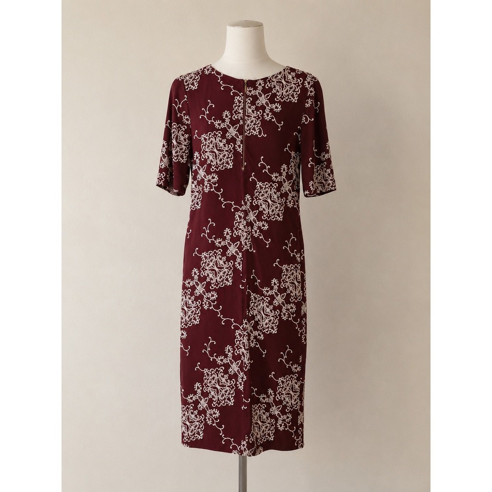 Ronni Nicole Burgundy Floral Sheath Dress Round Neck Half Zip Size 6